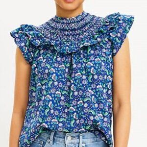 LOFT Blue Floral Smocked Ruffle Yoke Top XSP